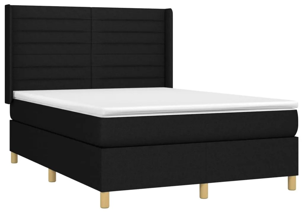 Cama box spring c/ colchão e LED 140x200 cm tecido preto