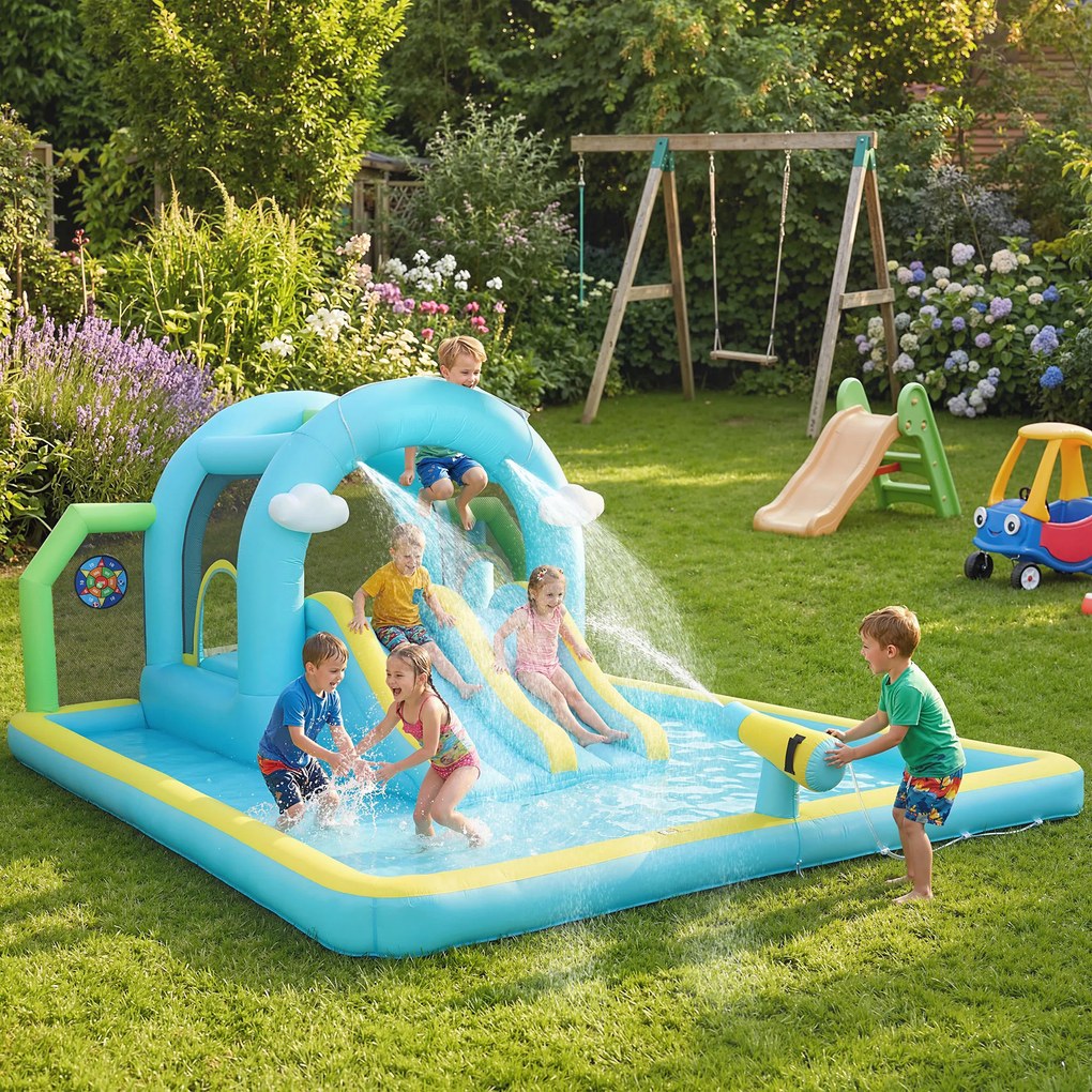 Castelo Insuflável Aquático 7 em 1 com Insuflador 450W 2 Escorregas Trampolim Piscina Cesto Coluna de Boxe 426x360x198 cm Multicor