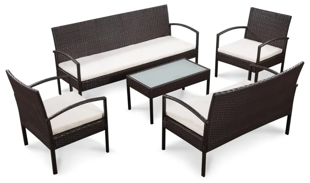 vidaXL 5 pcs conjunto lounge jardim c/ almofadões vime PE castanho