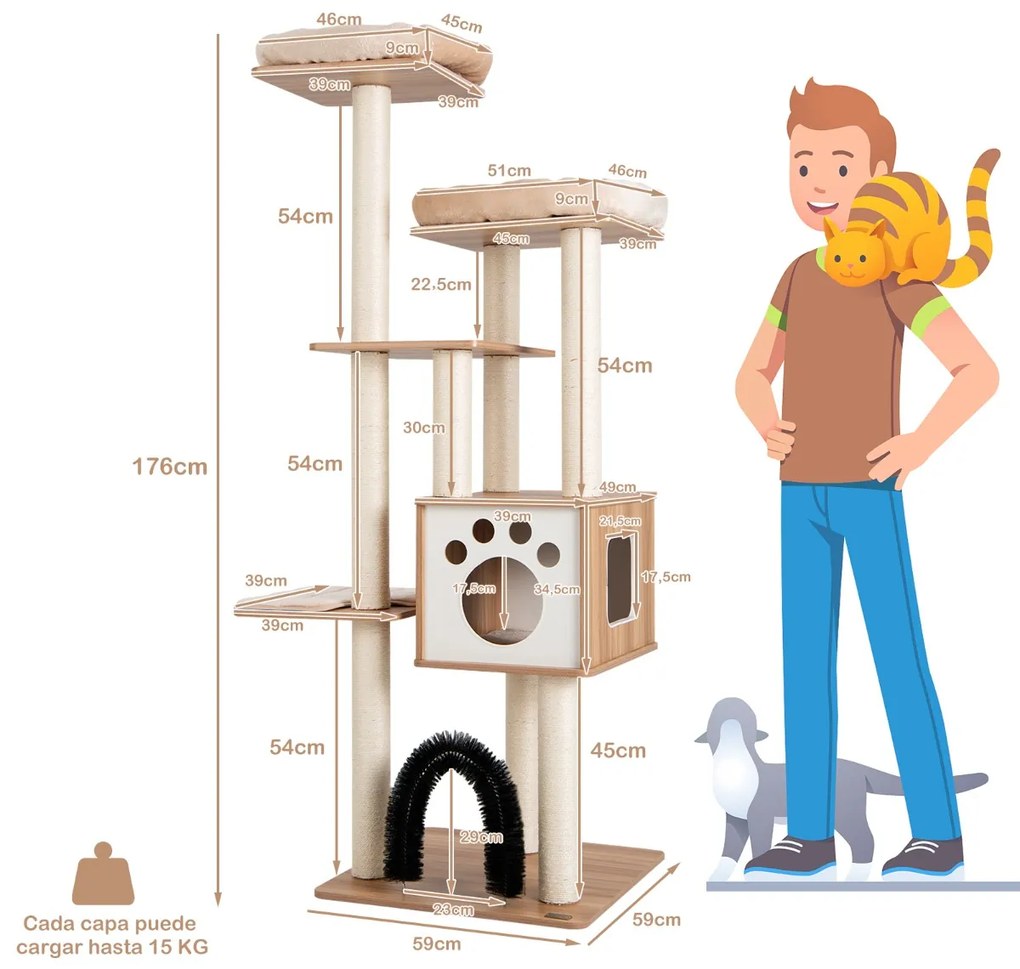 Arranhador moderno para gatos de interior de 176 cm Árvore para gatos de vários níveis com 2 poleiros Torre de madeira Tapetes para gatos bege