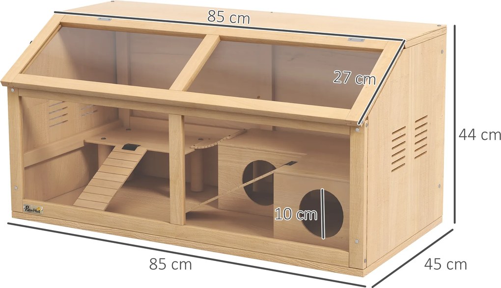 Gaiola de madeira para hamster, habitáculo espaçoso para roedores, ventilação, tampa que se abre e acessórios, 85 x 45 x 44 cm, madeira natural