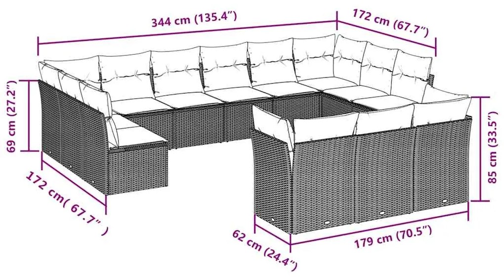 13 pcs conjunto de sofás de jardim com almofadões vime PE preto