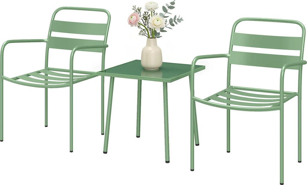 Conjunto de jardim estilo bistrô de 3 peças - mesa baixa em vidro temperado e 2 cadeiras com ripas, estrutura em aço galvanizado, verde