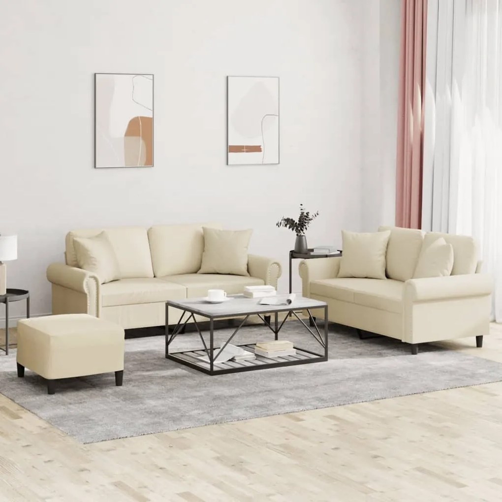 vidaXL 3 pcs conjunto de sofás com almofadas couro artificial creme