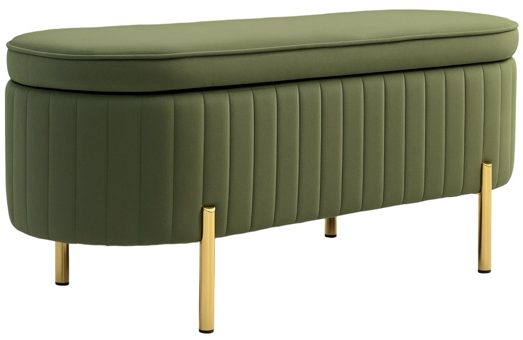 HOMCOM Banco Baú Oval de 72L com Tampa Levantável em Tecido de Efeito Veludo e Madeira 108x44x43,5 cm Verde | Aosom Portugal
