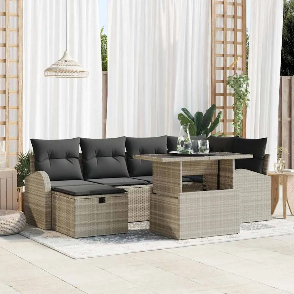 vidaXL Conjunto de sofá de jardim com 7 peças e almofadas cinza claro em rattan sintético