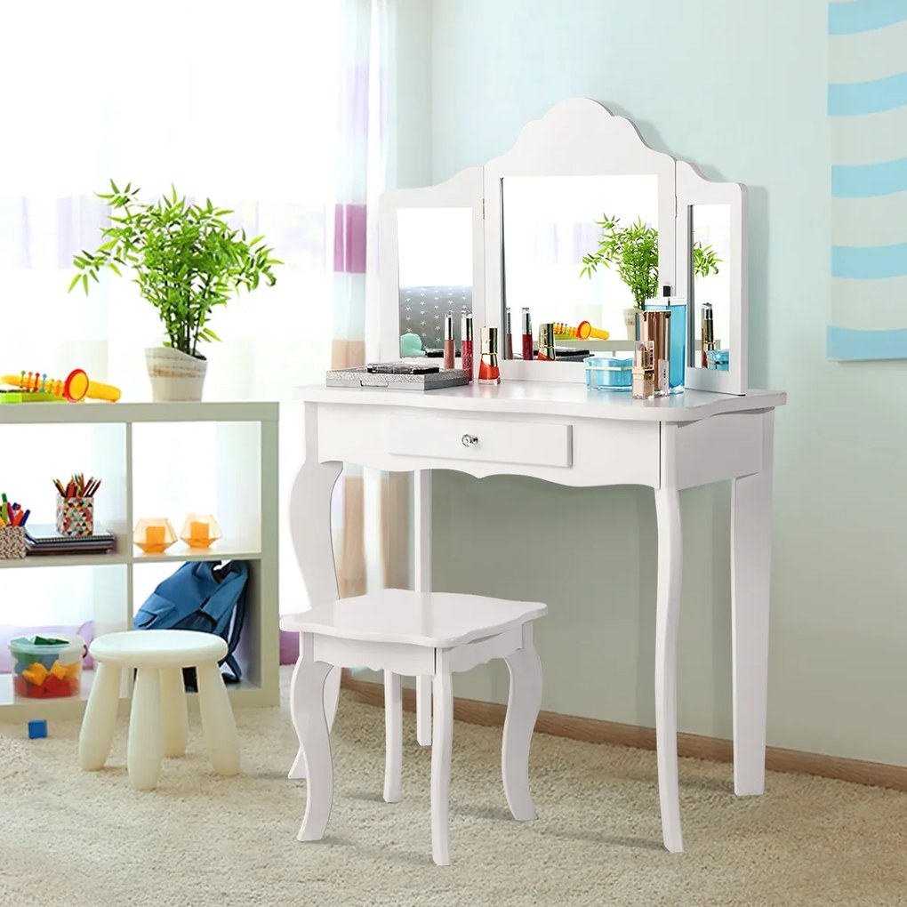 Conjunto de Toucador para Crianças com Espelho Dobrável Banco em 3 Partes e Gaveta 70 x 34 x 104 cm Branco