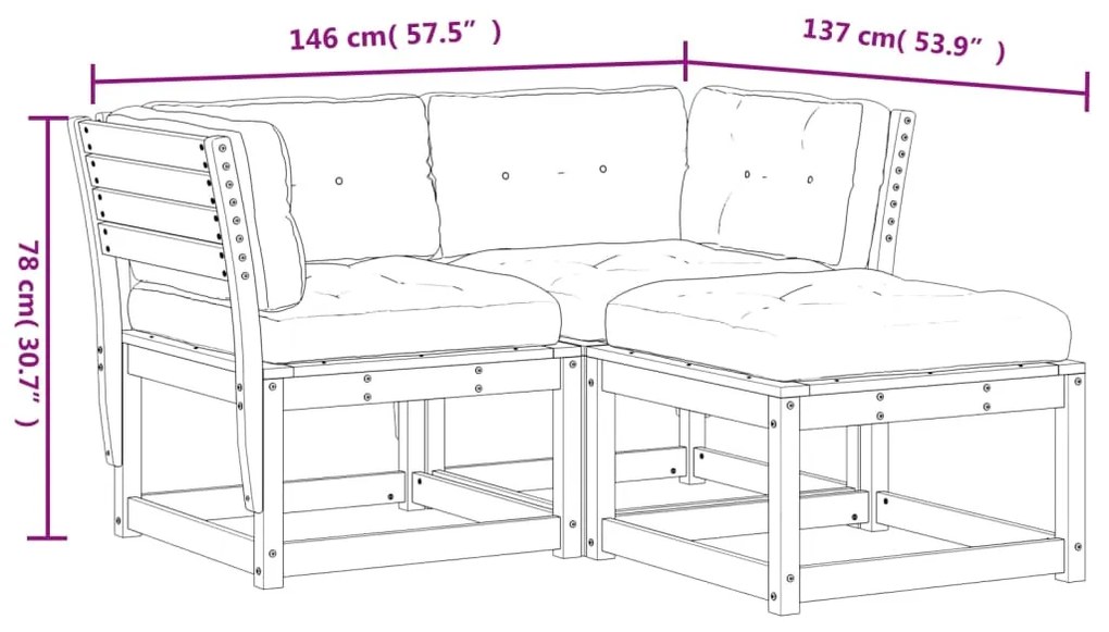 3 pcs conj. sofás jardim almofadões pinho maciço castanho cera