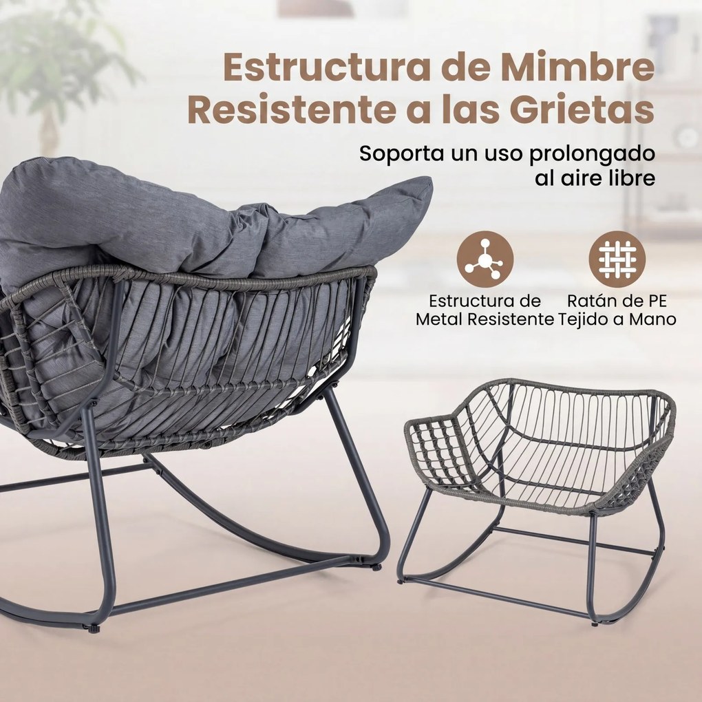 Cadeira de baloiço com apoio para os pés em rattan PE, almofadas removíveis, Estrutura metálica antiderrapante, capacidade de carga de 150 kg, para sa