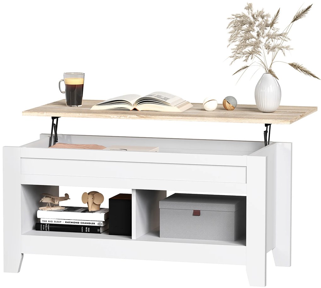 Mesa de Centro com Bancada Elevável 2 Compartimentos Abertos Bancada de Madeira 105x50x49 cm Branco e Madeira