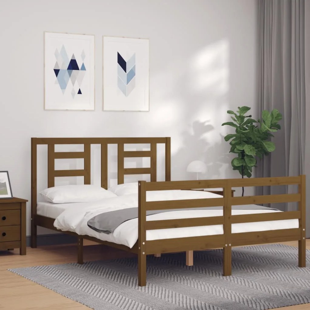 Estrutura de cama dupla pequena 4FT madeira maciça castanho-mel