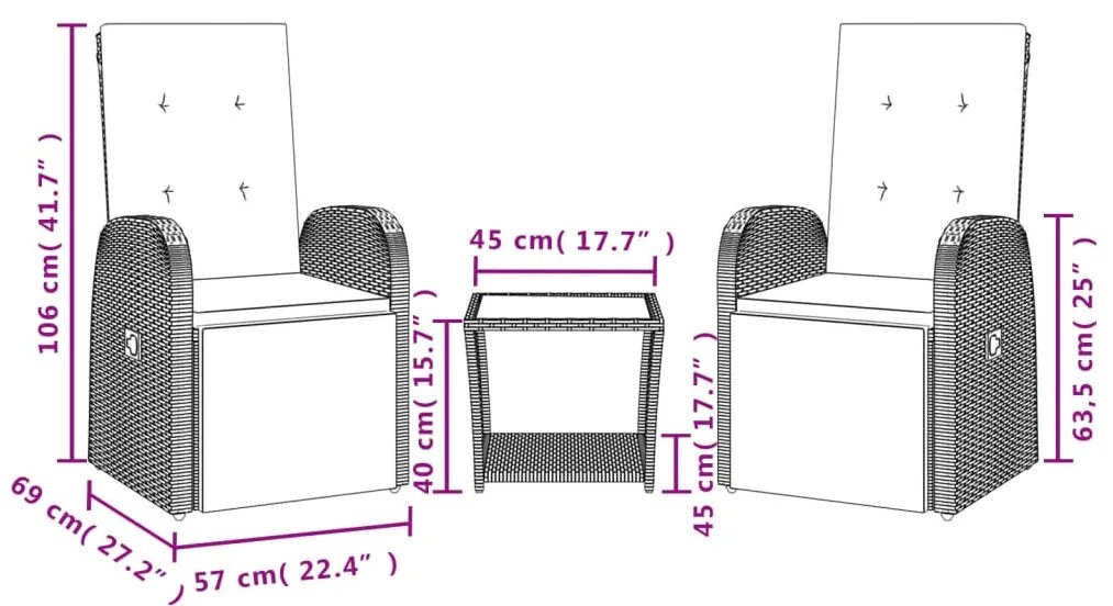 3 pcs conjunto de jantar p/ jardim c/ almofadões vime PE cinza