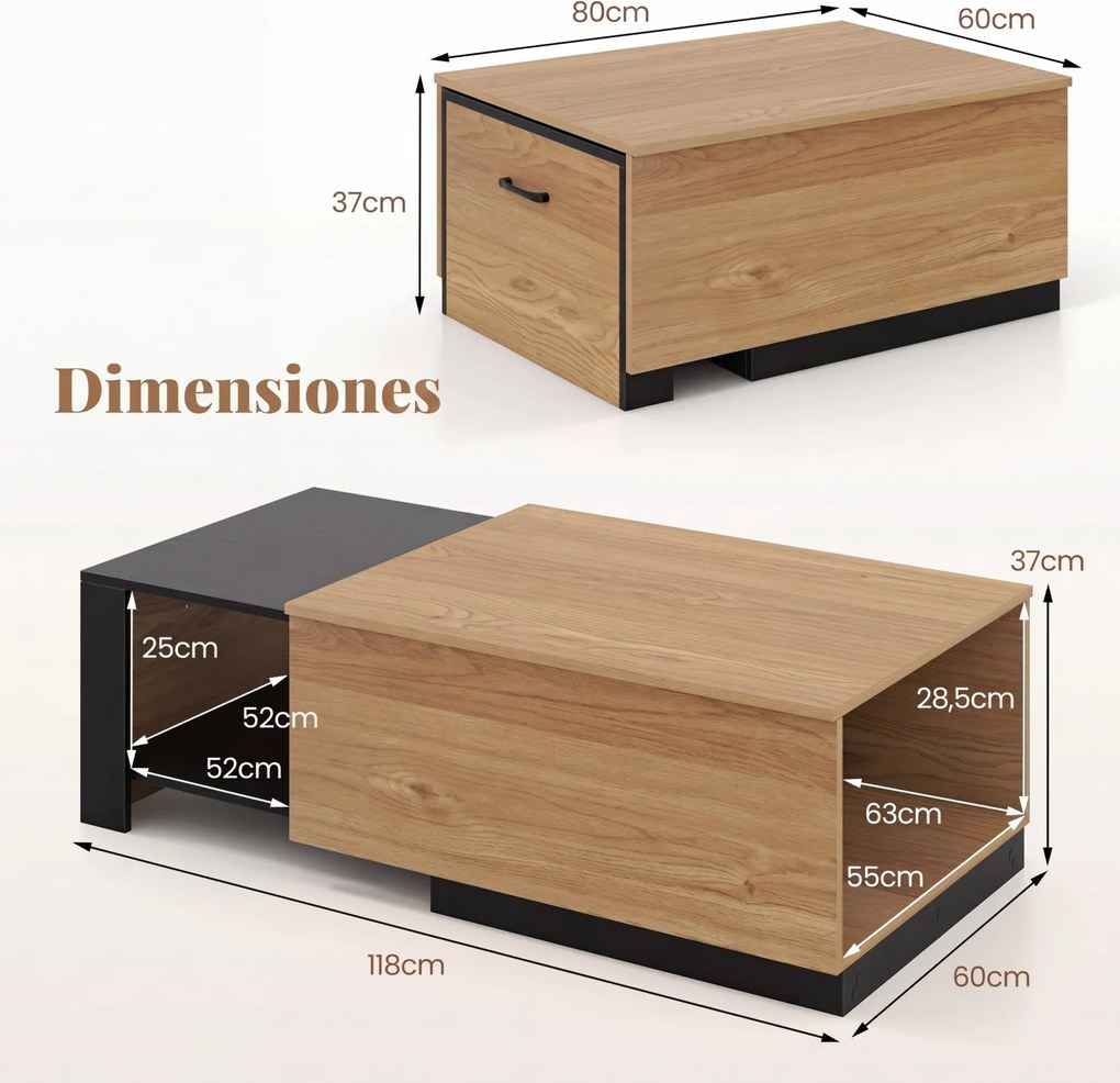 Mesa de centro extensível 80 x 60 x 37 cm em madeira com compartimentos e tampo adicional deslizante, design retangular para sala de estar Natural+Pre