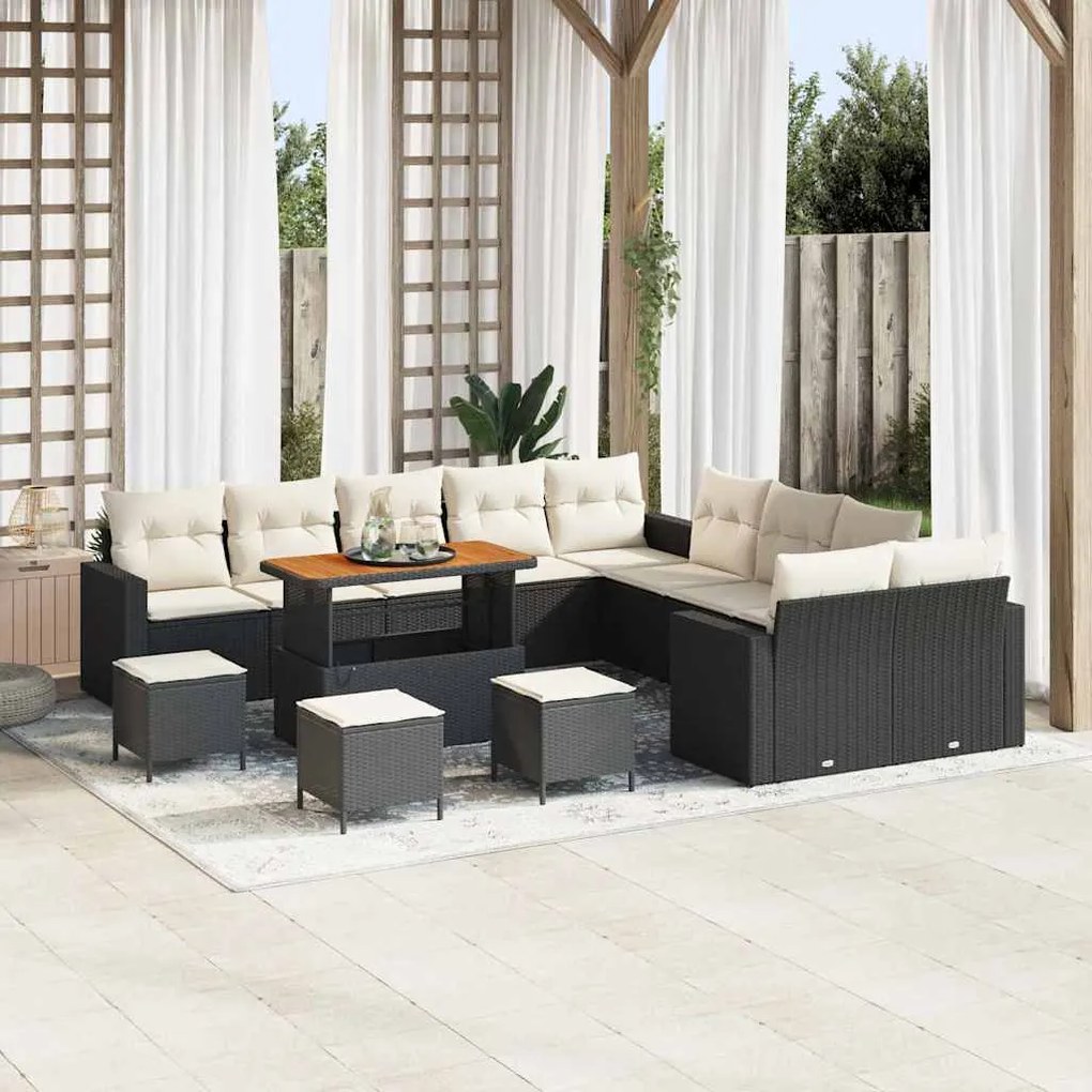 vidaXL Conjunto de Sofás de Jardim com 14 Peças e Almofadas Pretas em Rattan de Poliéster e Acácia