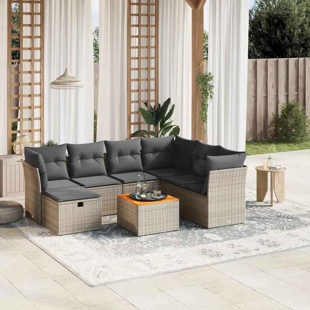 8 pcs conjunto sofás de jardim c/ almofadões vime PE cinzento