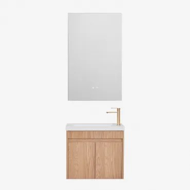 Conjunto De Móvel De Casa De Banho Suspenso Em Madeira Com Lavatório Integrado Narek Castanho Fresno & Retangular Led E Anti-embaciamento 55x90 Cm Rib