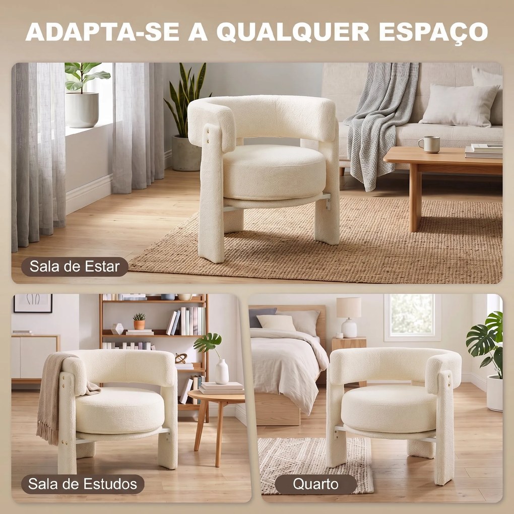 Poltrona em Tecido Bouclé com Almofada Lombar Assento Profundo Acolchoado e Braços Branco-Creme
