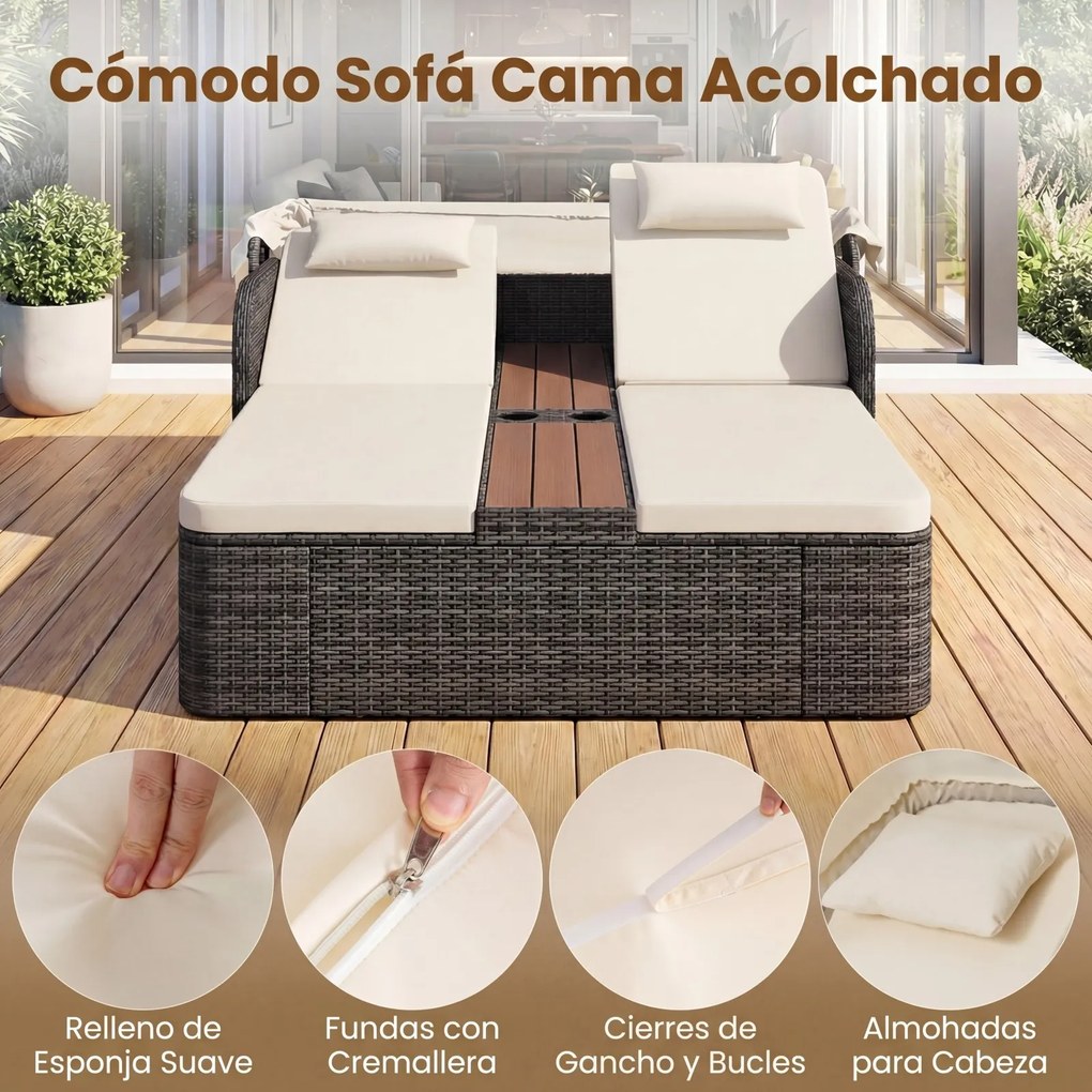 Cama de rattan jardim dupla com toldo retrátil 203 x 159 x 141 cm, encostos ajustáveis e mesa central com porta-copos para jardim, piscina e terraço c