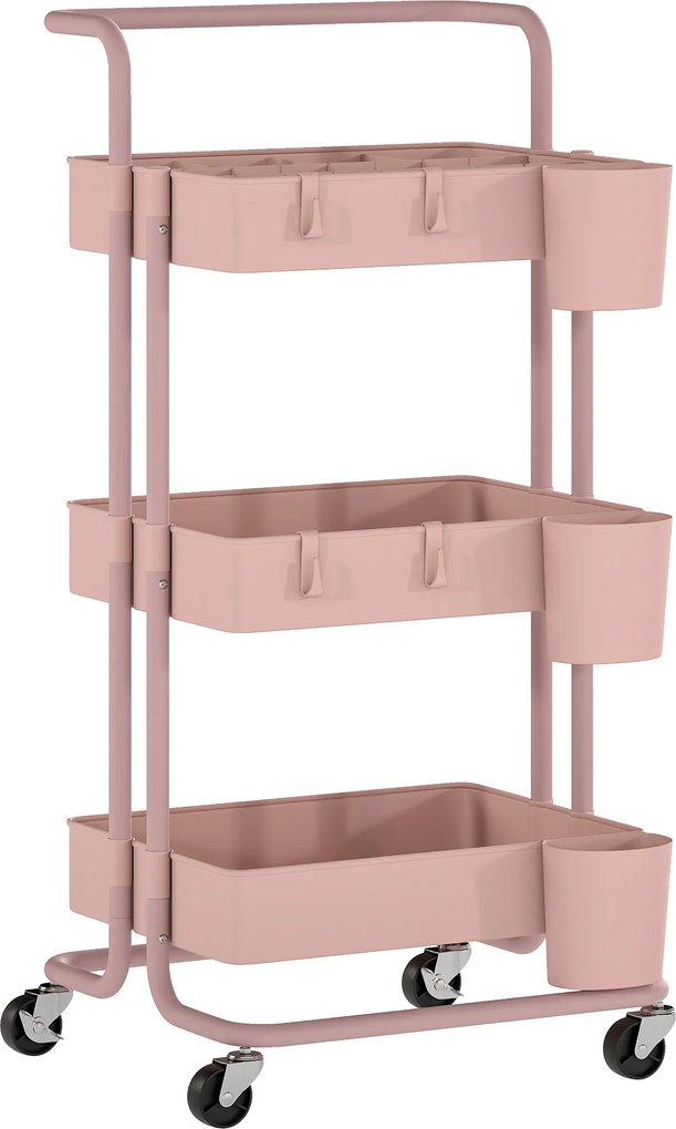 Carrinho de Cozinha Carrinho de Armazenamento com 4 Ganchos 3 Cestas Removíveis 3 Caixas Suspensas 42x38x86,5 cm Rosa