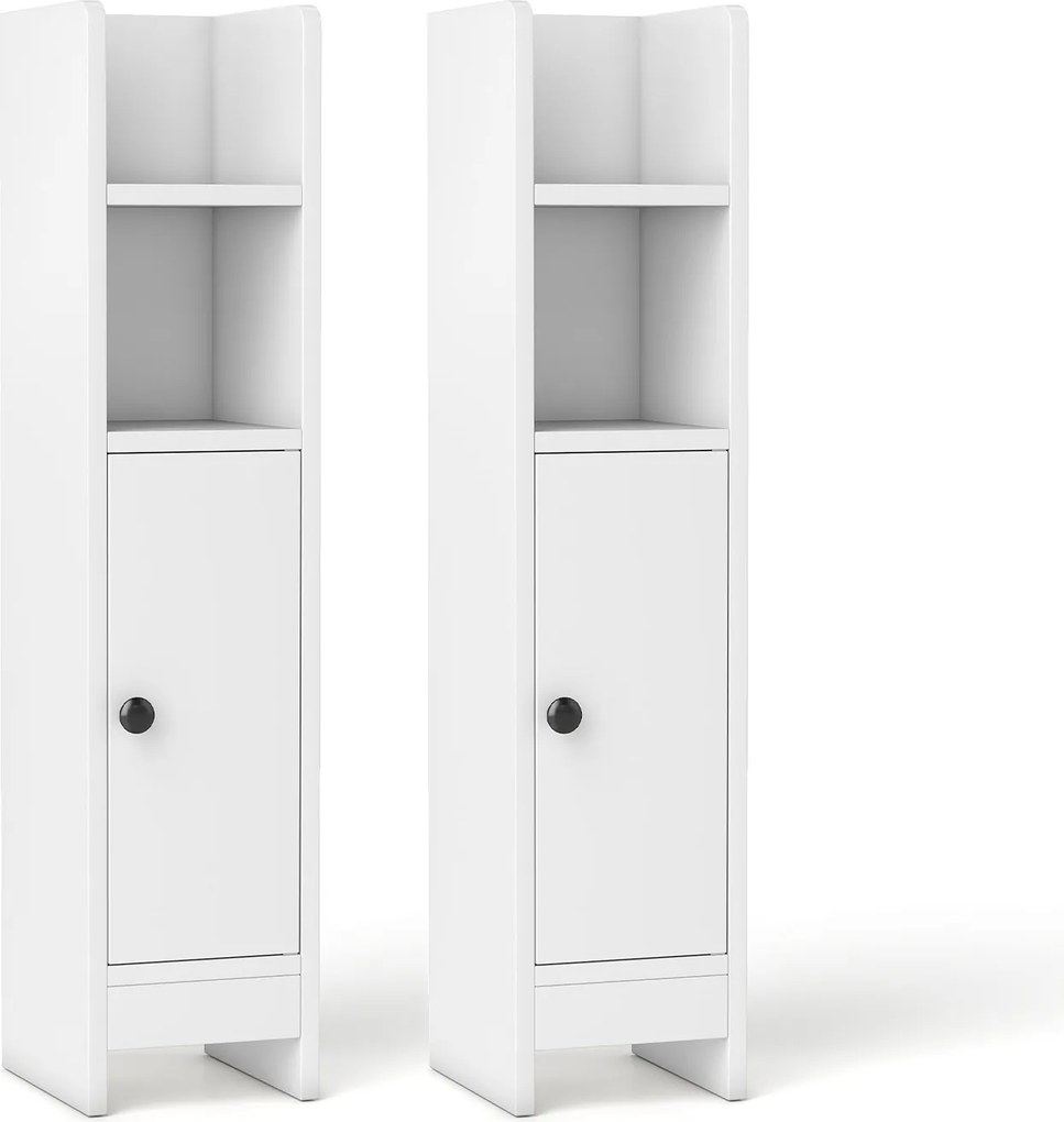 Conjunto de 2 armários de casa de banho 20 cm x 18 cm x 80 cm com porta e estantes ajustáveis, suporte para papel higiénico e organizador para casa de