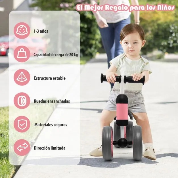 Bicicleta infantil para crianças de 1 a 2 anos Bicicleta infantil de 4 rodas com direção limitada sem pedais 47 x 20 x 37,5 cm Rosa