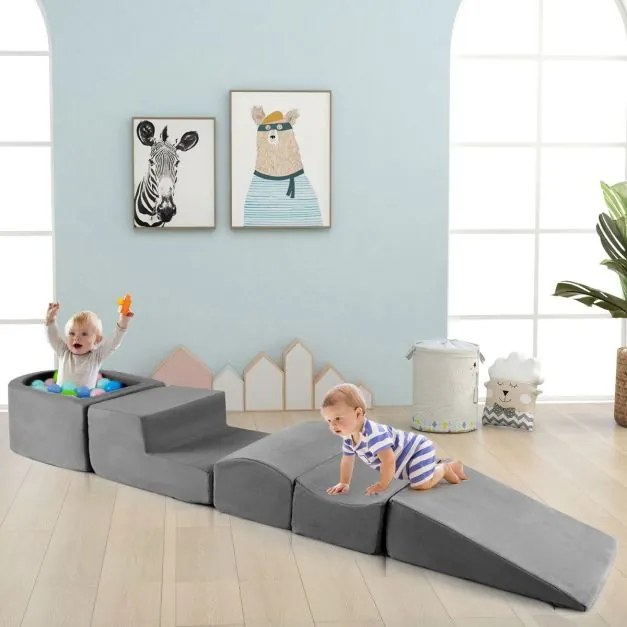 Conjunto de 5 peças para escalada e rampa para crianças Blocos de construção em esponja com piscina de bolas Cobertura lavável Criativa Cinzento