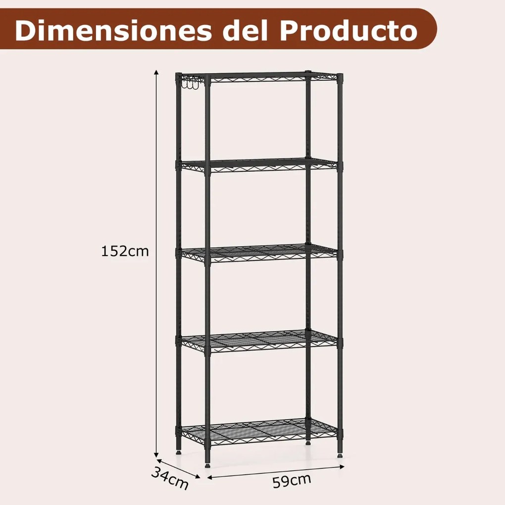 Estante metálica ajustável 59 x 34 x 150 cm de 5 níveis com grelha de arame com capacidade para 340 kg para casa, cozinha, garagem, escritório Preta