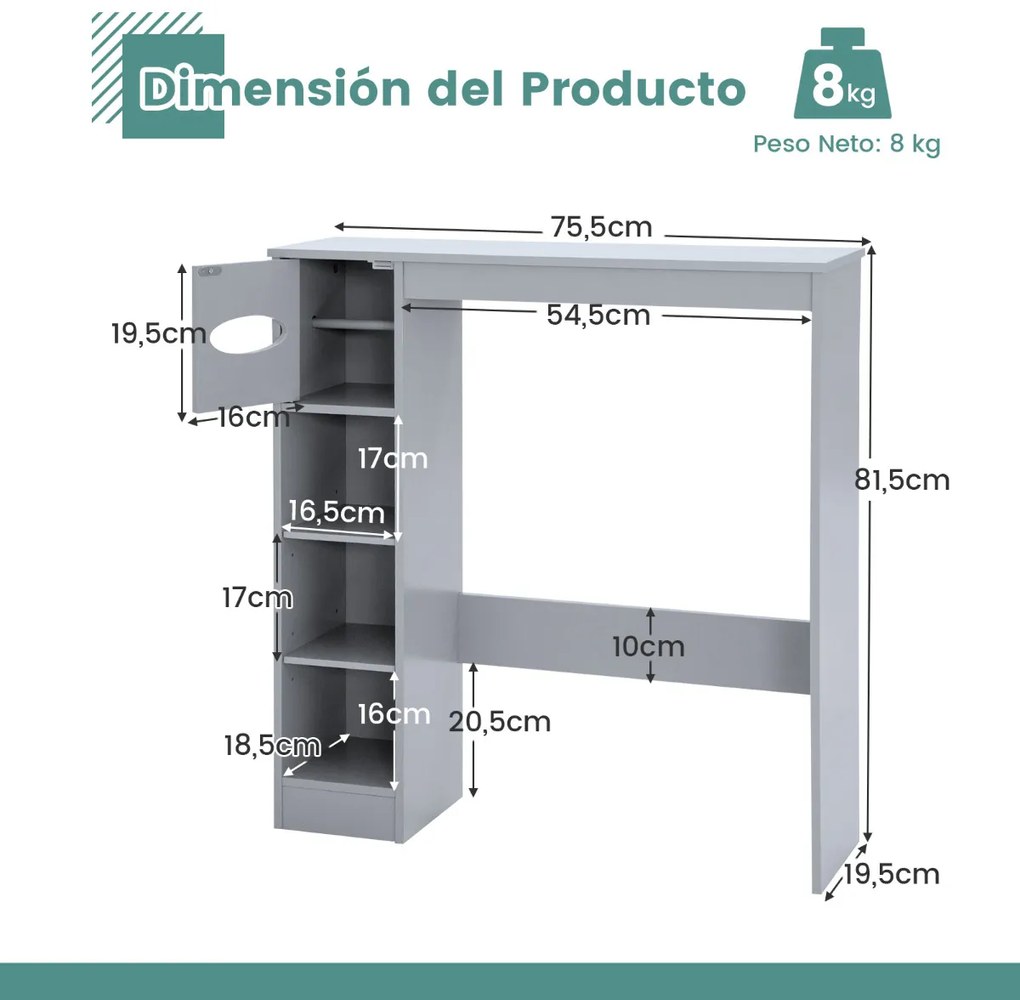 Armário de Casa de banho Sob a Sanita economiza espaço para o banheiro com almofadas ajustáveis ​​e almofada de suporte para rolo de papel higiênico 75,5x19,5x81,5cm Cinzento