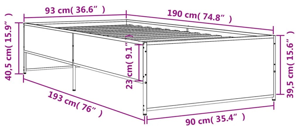 Estrutura de cama 90x190 cm derivados de madeira e metal preto