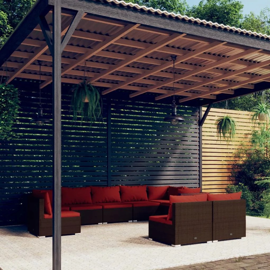 vidaXL 9 pcs conjunto lounge jardim c/ almofadões vime PE castanho