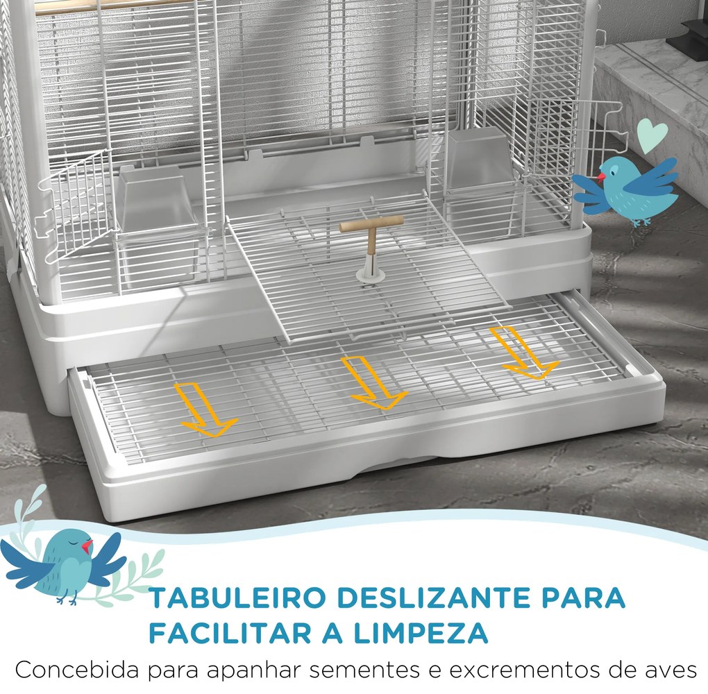 Gaiola para Pássaros 61x36,5x98 cm com Portas Poleiros Bandeja Removível e Alças para Canários Periquitos Branco