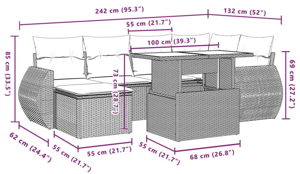 7 pcs conj. sofás jardim com almofadões vime PE cinzento-claro