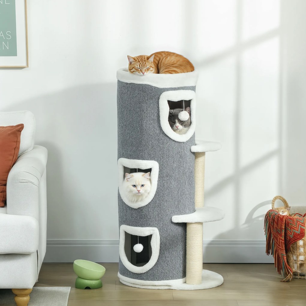 Torre para gatos de 4 níveis, árvore para gatos estável com arranhadores de sisal e borda em pelúcia, 2 plataformas, 50 x 36 x 101 cm, cinzenta