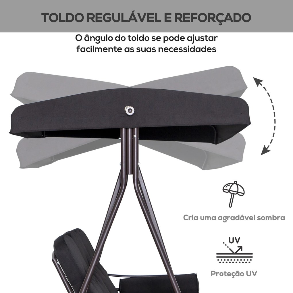 Banco Baloiço de Jardim de 3 Lugares com Teto 2 Almofadas Suporte para Bebidas 206x116x183 cm Preto