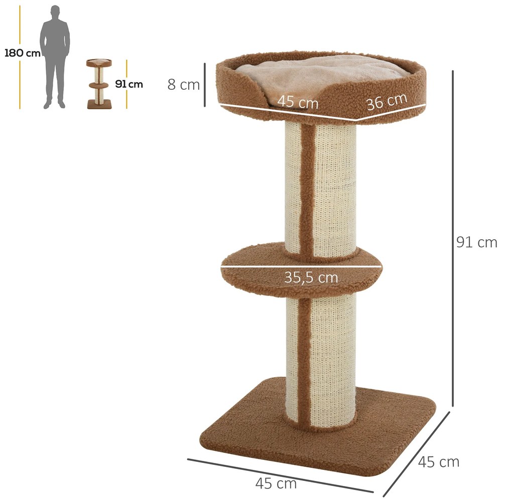 Arranhador para Gatos Altura 91 cm de 3 Níveis com Ninho Plataforma e Poste de Sisal 45x45x91 cm Castanho Claro