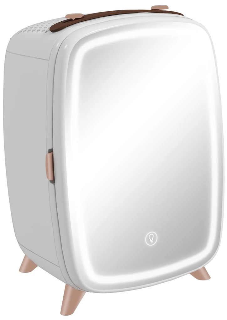HOMCOM Mini Frigorífico de Cosméticos 6L de 9V com Porta com Espelho e Luz LED Ajustável em 3 Níveis 24,3x19,4x35,6 cm Branco | Aosom Portugal