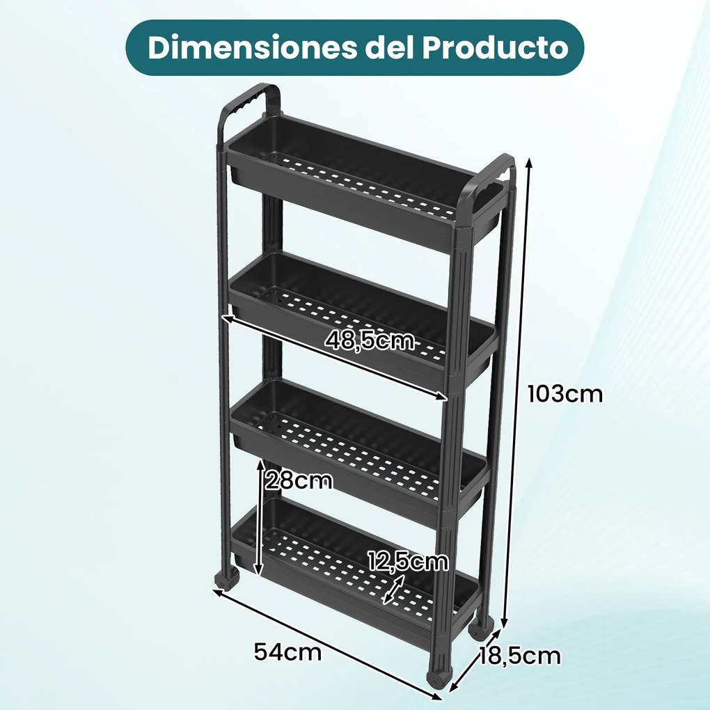 Carrinho estreito de 4 níveis com rodas e pegas 54 × 18,5 × 103 cm Organizador móvel para cozinha, casa de banho, lavandaria e escritório Preto