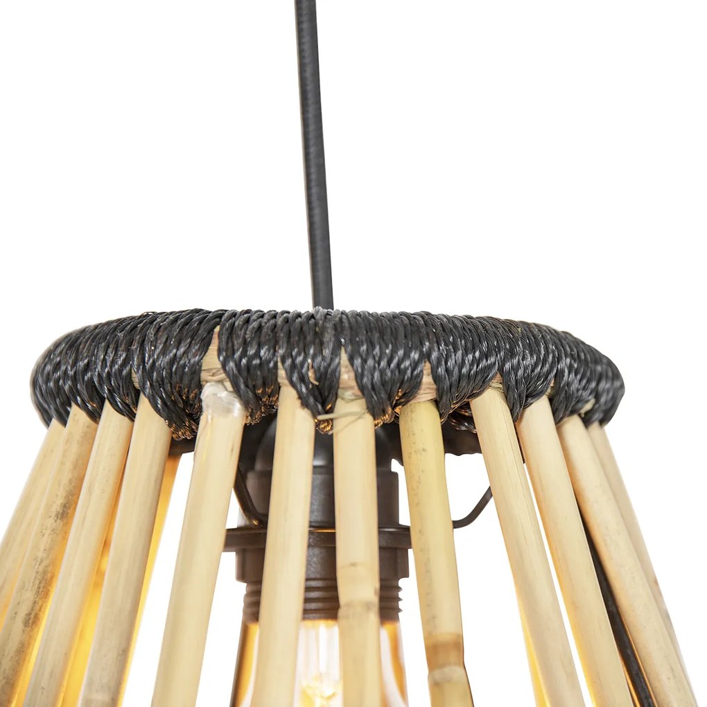 Candeeiro de suspensão oriental em bambu com 3 luzes redondas pretas - Evalin Oriental