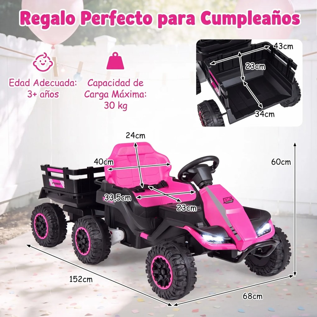 Trator Elétrico Infantil para crianças 3 a 6 anos com Reboque, 152 x 68 x 60 cm, Reboque Removível 2 em 1, Rosa