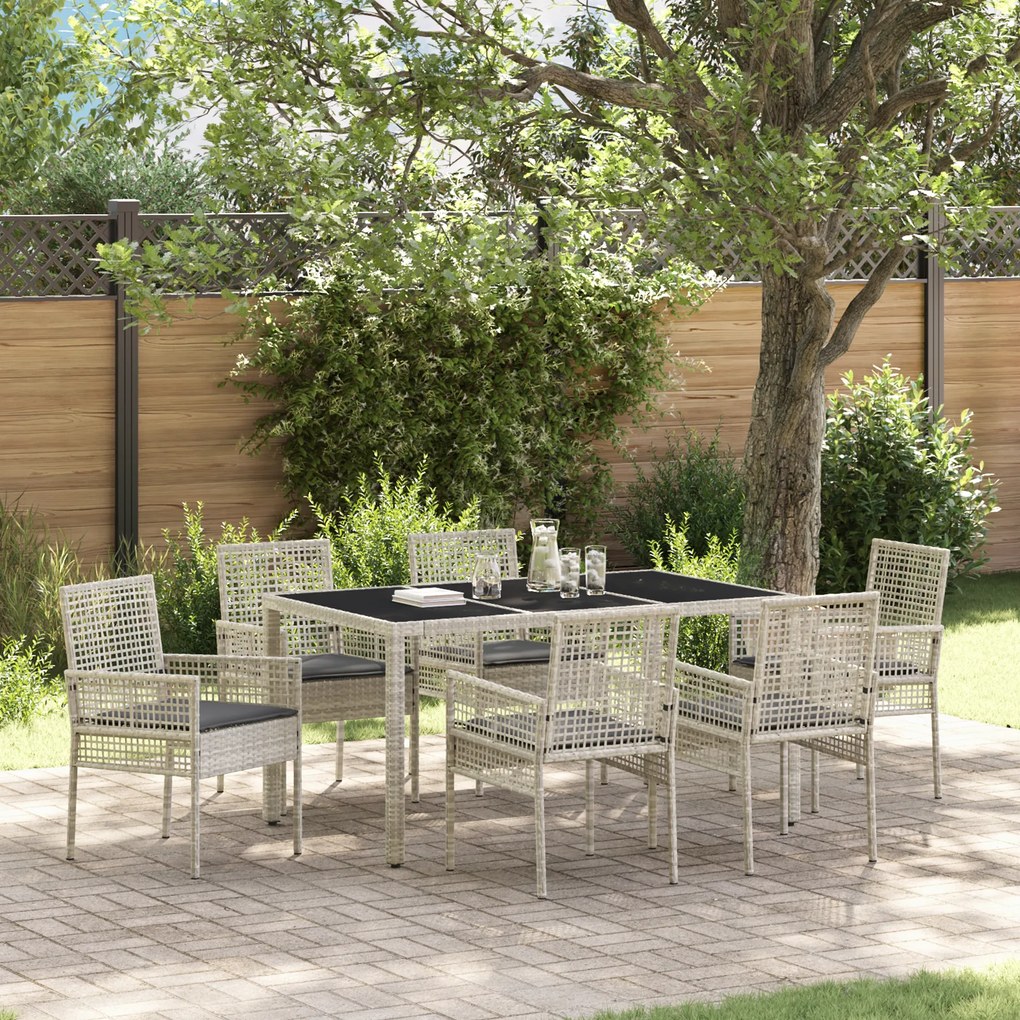 Conjunto de Jantar de Jardim de 7 Peças com Almofadas Cinza Claro em Rattan Sintético