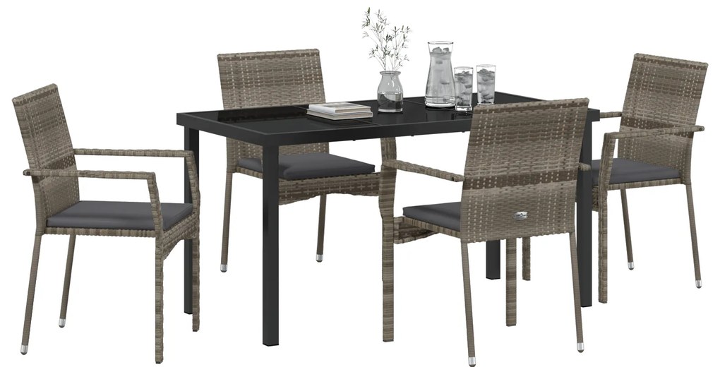 Conjunto de 5 Peças de Jantar de Jardim com Almofadas Cinza Poli Ratta