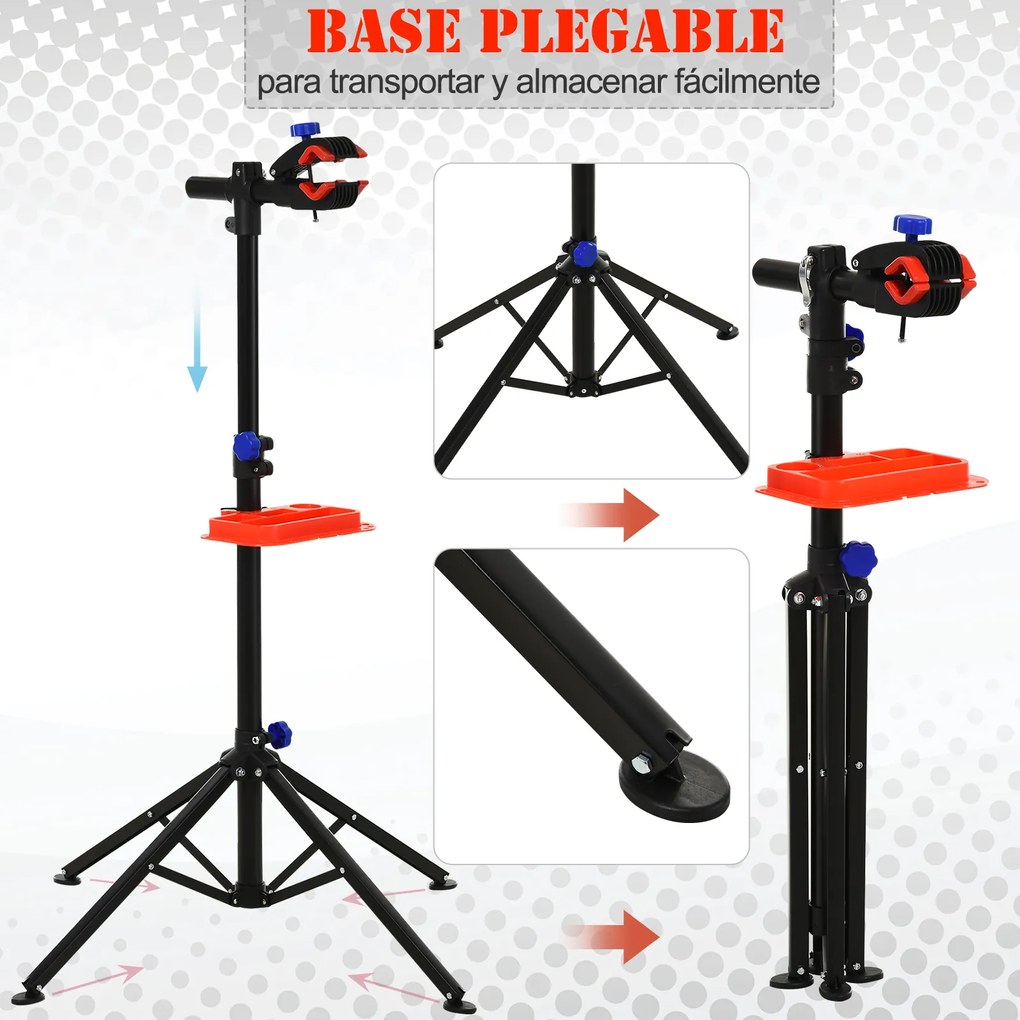HOMCOM Suporte de reparo Cavalete de bicicleta portátil para casa Altura ajustável 110-180cm com 4 pernas Bandeja de ferramentas Até 25kg 84x84x180 Preto