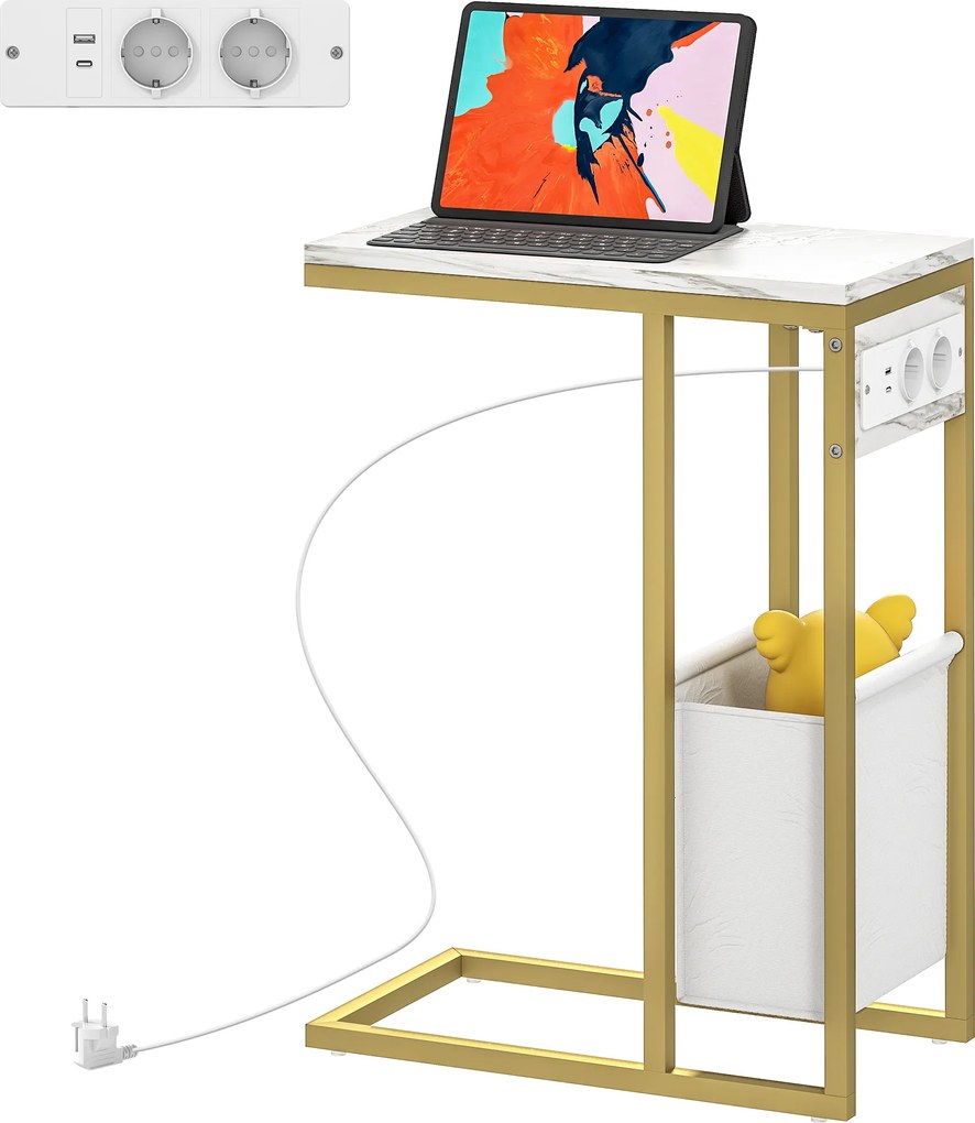 Mesa auxiliar em forma de C com estação de carregamento, saco de arrumação em tecido e tampo com efeito de mármore, 46 x 25 x 62,5 cm, branco e dourad