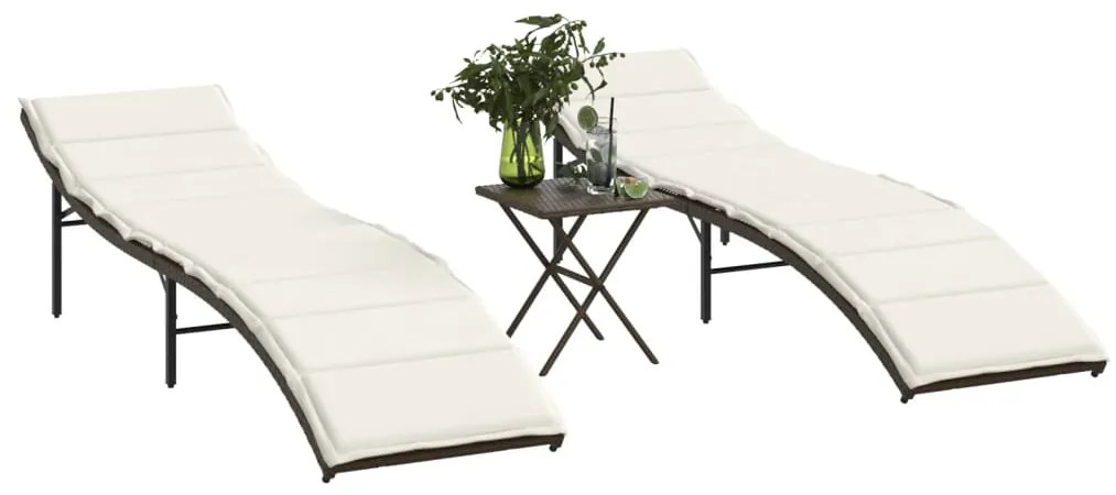Espreguiçadeiras com mesa 2 pcs vime PE castanho