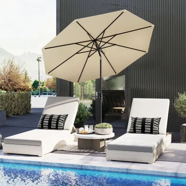 Guarda-sol de jardim 303 cm  com manivela, inclinação com botão, 8 varas, toldo duplo, impermeável e protetor solar Bege