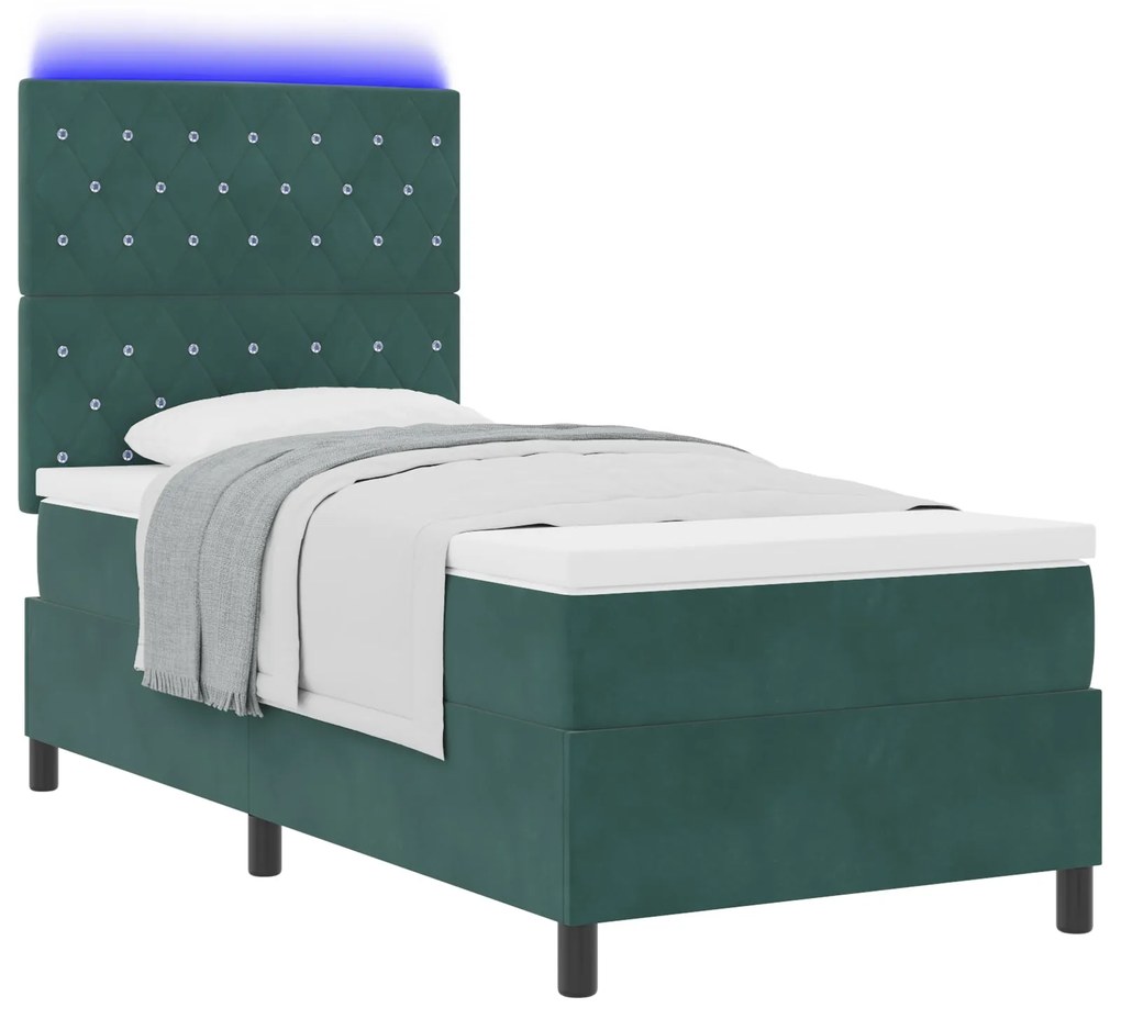 Cama Box com Colchão & LED verde escuro 90x190 cm Veludo