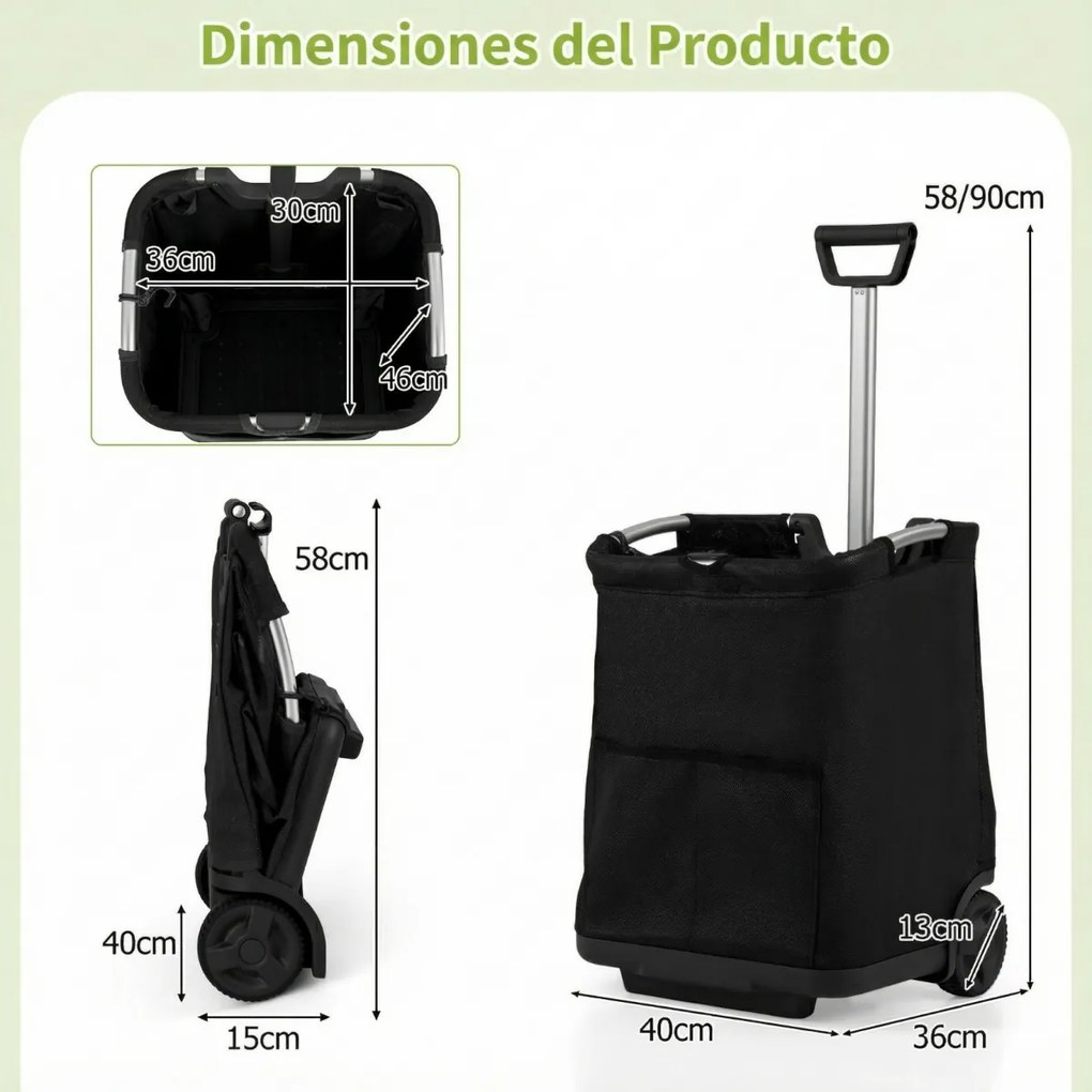 Carrinho de compras dobrável 50L utilitário portátil de alumínio com 3 bolsos e pega retrátil leve Preto