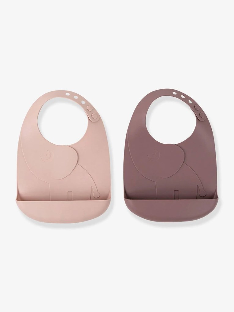 Lote de 2 babetes com recuperador DONE BY DEER Peekaboo, Elefante em silicone rosa claro bicolor/multicolor