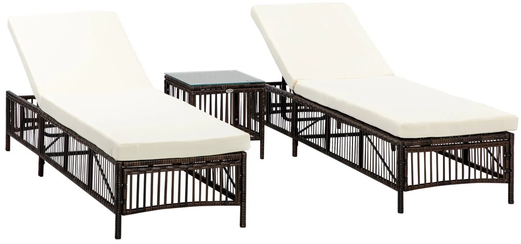 Outsunny Conjunto de 2 Espreguiçadeiras de Vime Sintético com Mesa de Centro Encosto Reclinável em 5 Posições 196x54x32cm Marrom