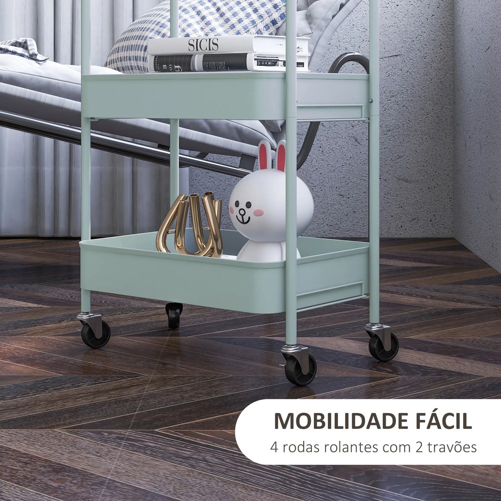 Carrinho Auxiliar de 3 Níveis com Rodas Carrinho de Armazenamento Deslizante para Cozinha Sala 45x30.6x79 cm Azul Claro